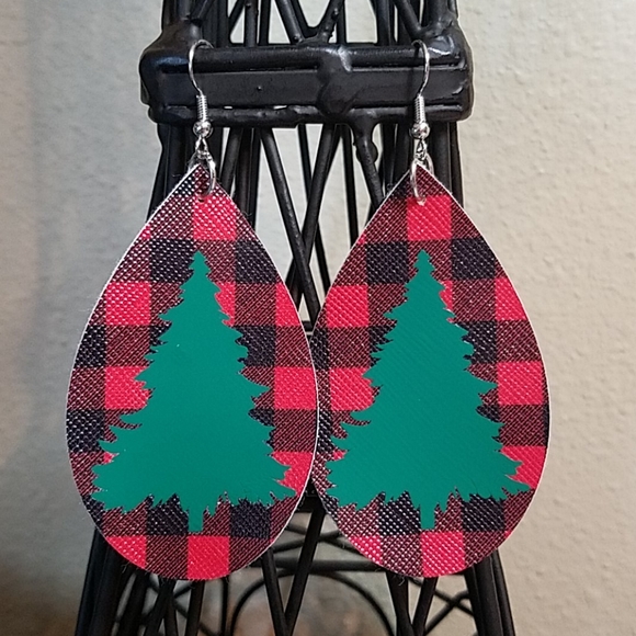 Jewelry - Handmade Faux Leather Christmas Tree Earrings